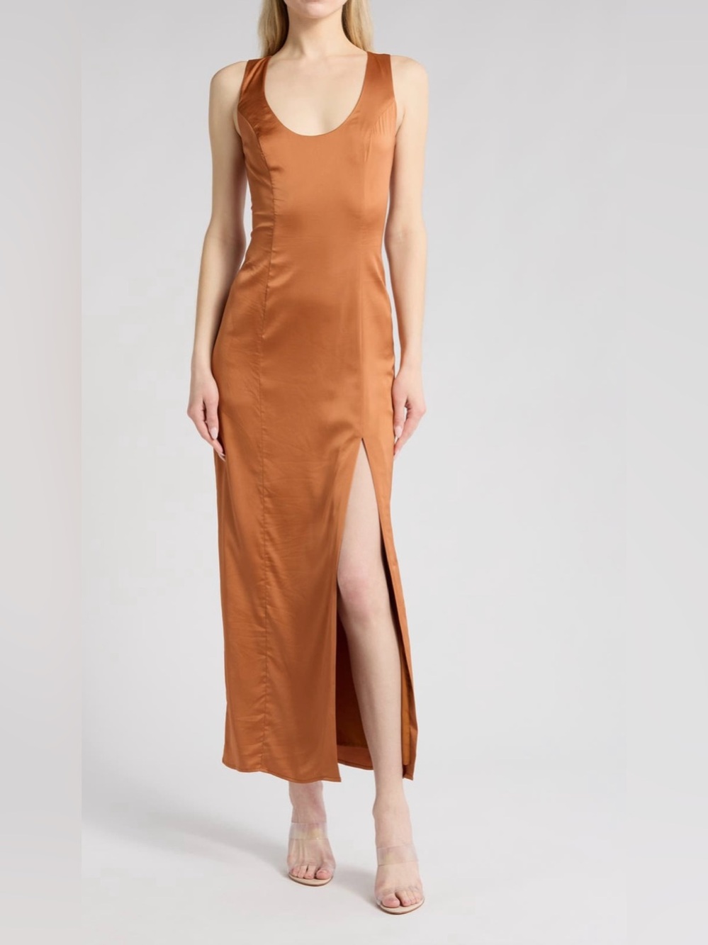 Hutch Sleeveless Satin Copper Maxi Dress - Scoop Neck with Thigh Slit